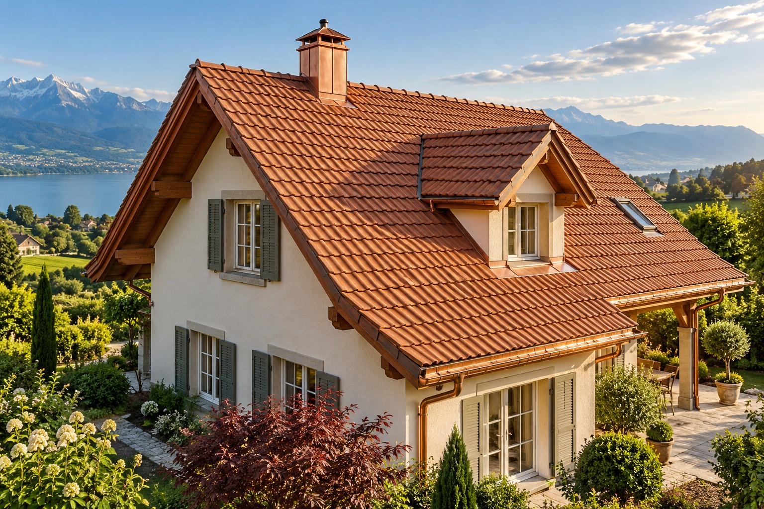 Toiture en tuiles de terre cuite et finitions en cuivre sur une maison. Visuel d’illustration.